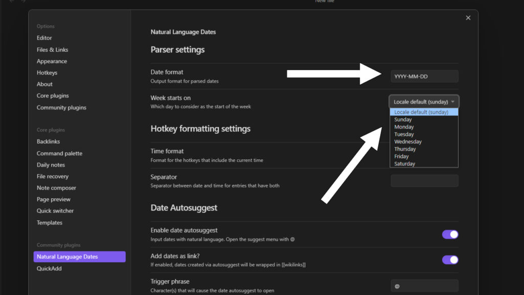 natural language dates parser settings