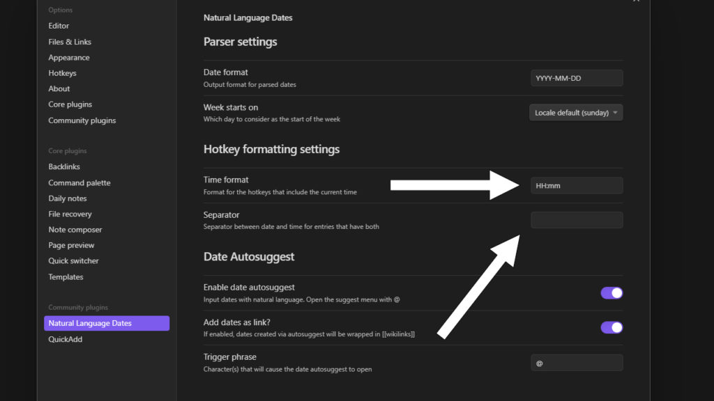 natural language dates hotkey settings