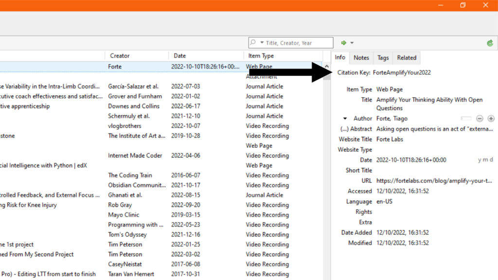 Zotero citekey location in the right info tab