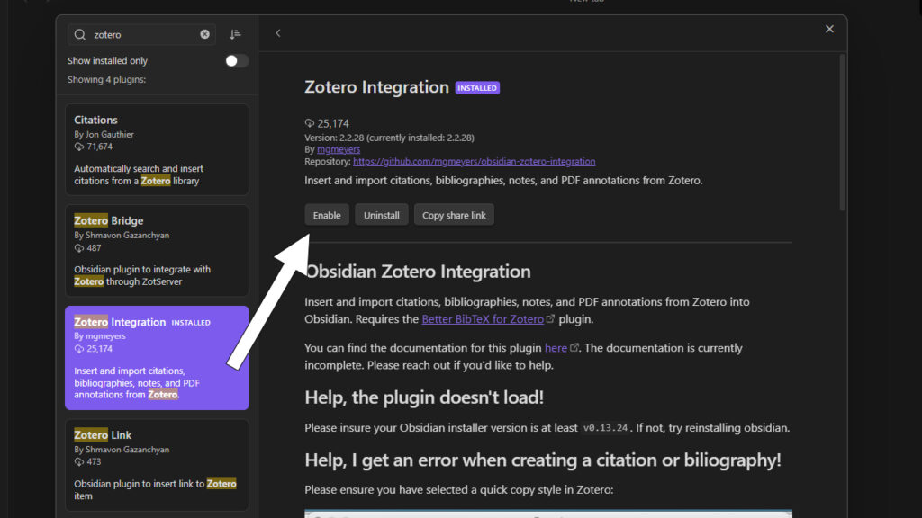 Zotero Integration enable