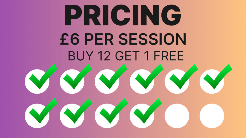 loyalty card pricing image. £6 per session. buy 12 get 1 free.