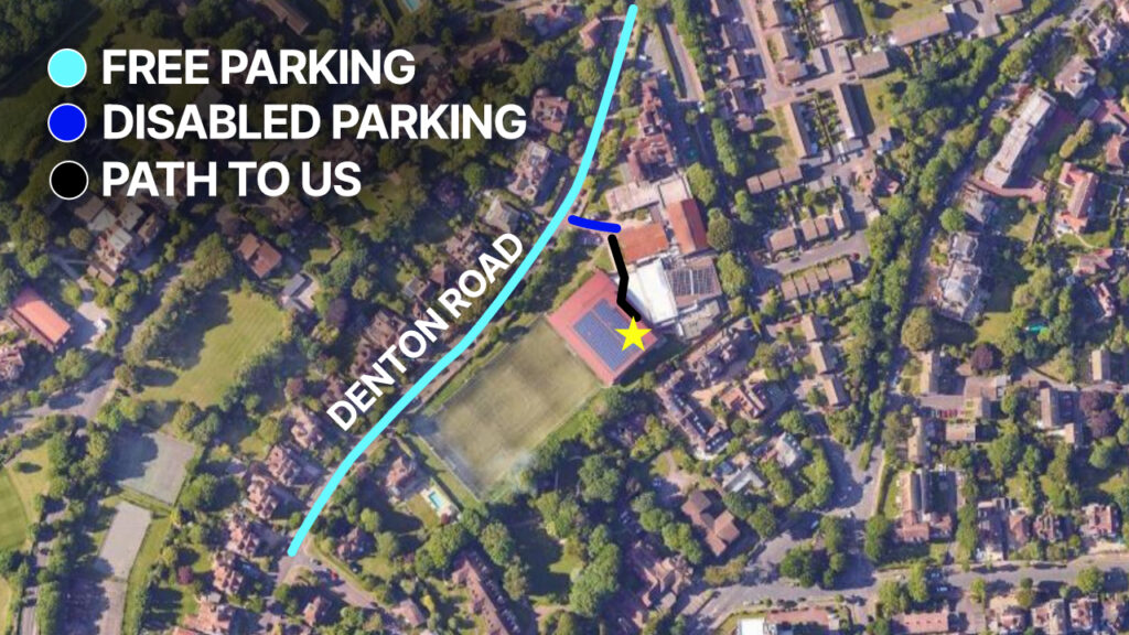 map directions for free and disabled parking. Route to get to the trampoline hall.